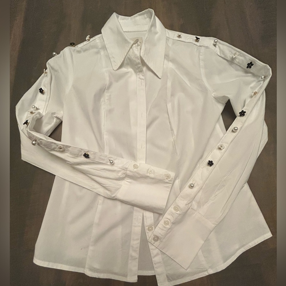 Anthropologie White Button-Up Shirt with Embellished Sleeves